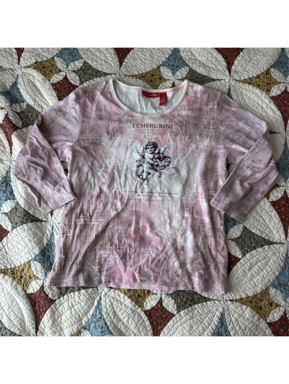Vintage Y2K Gloria Vanderbilt pink & white angel graphic baby tee angelcore